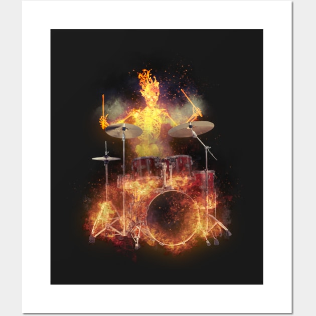 Flaming Skeleton Drummer Set 1 Wall Art by Ratherkool